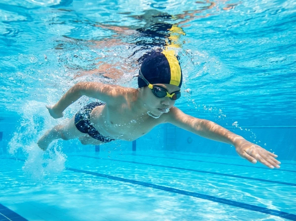 台中游泳課怎麼選？孩子進行自由式游泳練習的動作示範